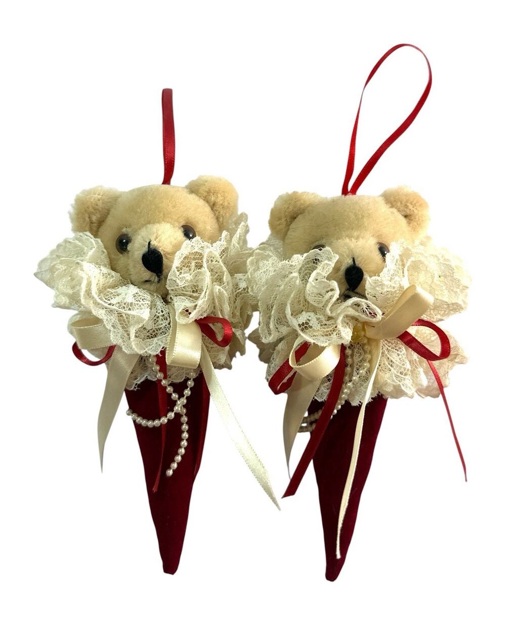 Vintage Victorian Teddy Bear Cone Christmas Ornaments Lace Velvet Pair 6”